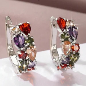 Bogato zdobione kolczyki ze stali nierdzewnej w srebrnym kolorze platerowane srebrem 925 wysadzane wielobarwnymi kamieniami 2