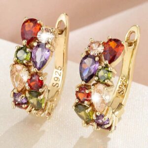 Bogato zdobione kolczyki ze stali nierdzewnej w zlotym kolorze platerowane srebrem 925 wysadzane wielobarwnymi kamieniami 3