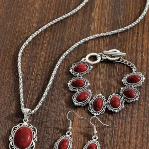 Zestaw bizuteri skladajacej sie z 4 elementow kolczyki naszyjnik oraz regulowana bransoletka stal niedzewna z dodatkiem imitacji kamienia w kolorze burgund 2