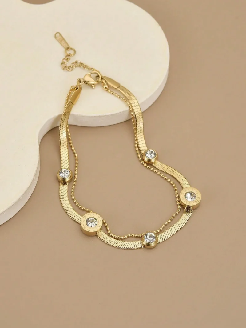 Bransoletka dwuwarstwowa regulowana Snake Chain z cyrkoniami ze stali szlachetnej (4) Bransoletka dwuwarstwowa regulowana Snake Chain z cyrkoniami ze stali szlachetnej 4