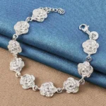 Bransoletka ze stali szlachetnej srebrna z różą regulowana damska (1)