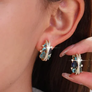 Kolczyki kola zlote z niebieskimi turkusowymi cyrkoniami 1