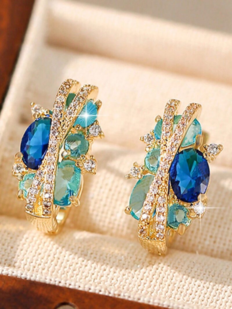 Kolczyki kola zlote z niebieskimi turkusowymi cyrkoniami 1