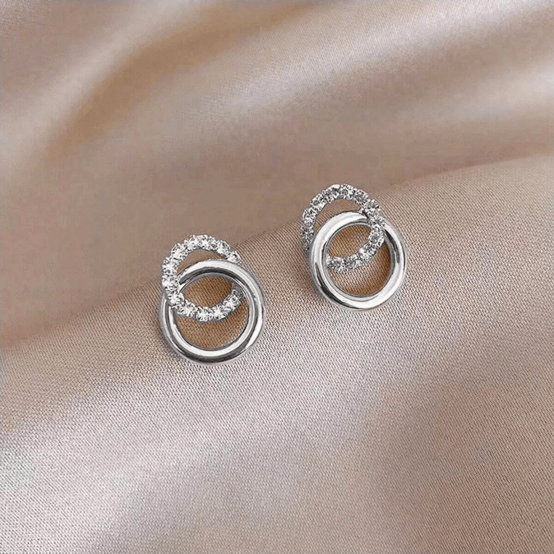 Kolczyki ze stali szlachetnej srebrne podwójne koła cyrkonie minimalistyczne eleganckie (2)