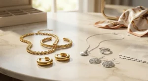 Biżuteria ze stali szlachetnej ulozona na stole