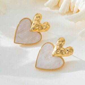 Kolczyki Serca Stal Chirurgiczna Mlotkowane Masa Perlowa Wiszace Vintage Hipoalergiczne 2