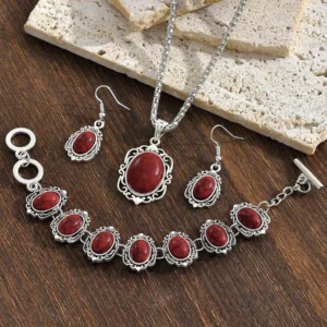 Zestaw naszyjnik kolczyki i bransoletka ze stali nierdzewnej z bordowymi kamieniami